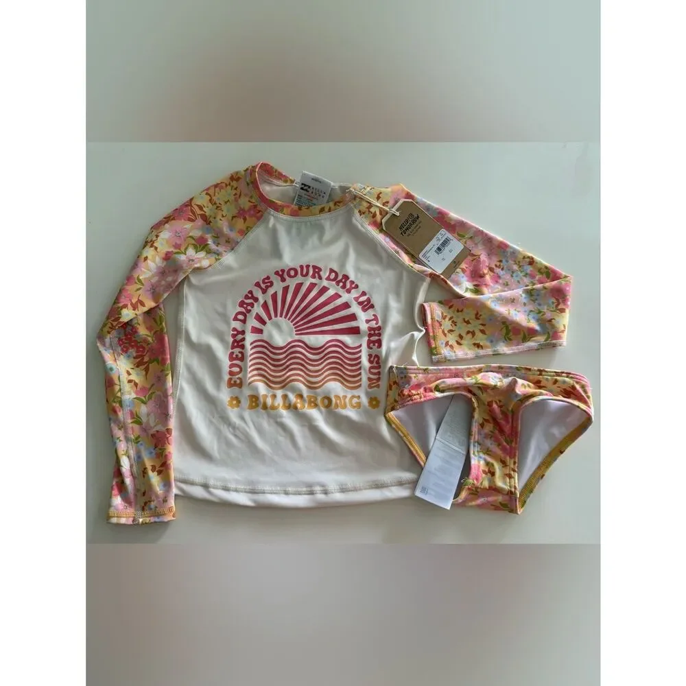 Billabong Little Girls' Rashguard Bathing Suit Set, Size 4, NWT